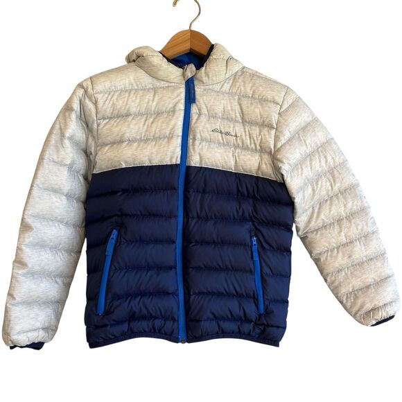 Eddie Bauer Boys Hooded Down Puffer Jacket Size M 10/12 Blue Gray Reversible - Picture 1 of 10